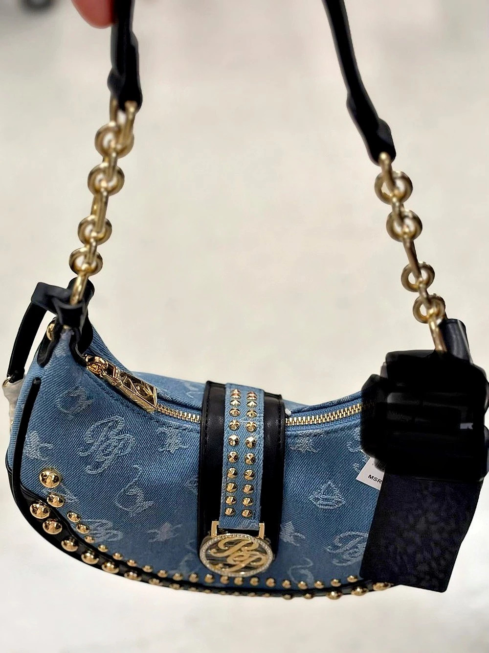Baby Phat Denim Monogram Studded Shoulder Bag Blue & Black